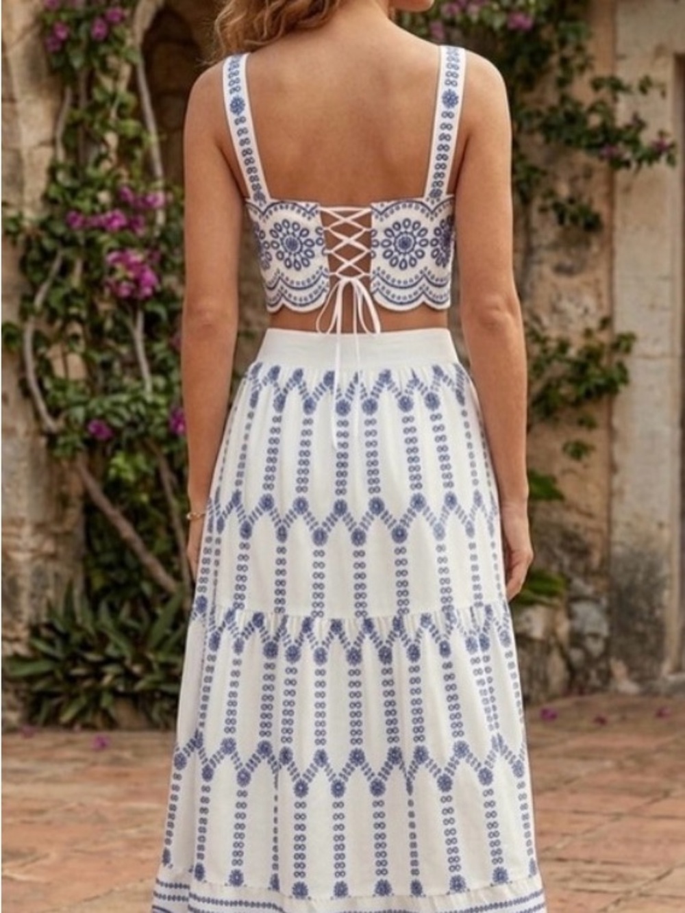 NWT COMMENSE Embroidered Lace-Up Crop Top Maxi Skirt Set Blue White S - Picture 2 of 11